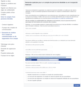 Formulaire de demande spéciale pour le compte Facebook d'une personne décédée